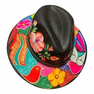 HAT MEXICAN Artisanal Hand Painted Fedora Floral Sombrero Panama Bohemian Black